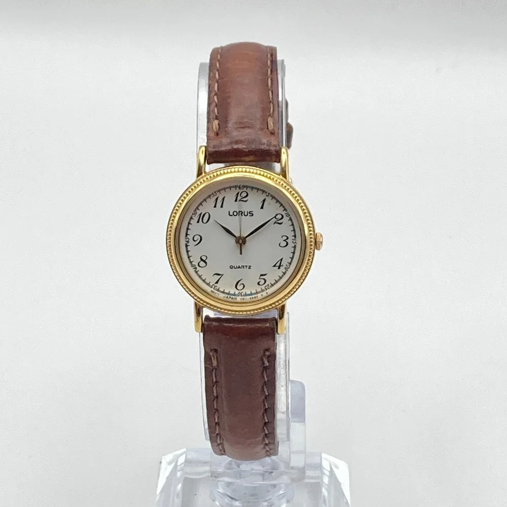 Vintage Lorus Women's Watch 24mm Gold Tone V811-1920 Brown Band New Battery 8.5